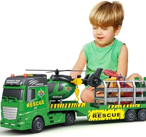GoxyCraft Transport Truck Toy, 3-in-1 with Helicopter & Dinosaur, Boys 3-7