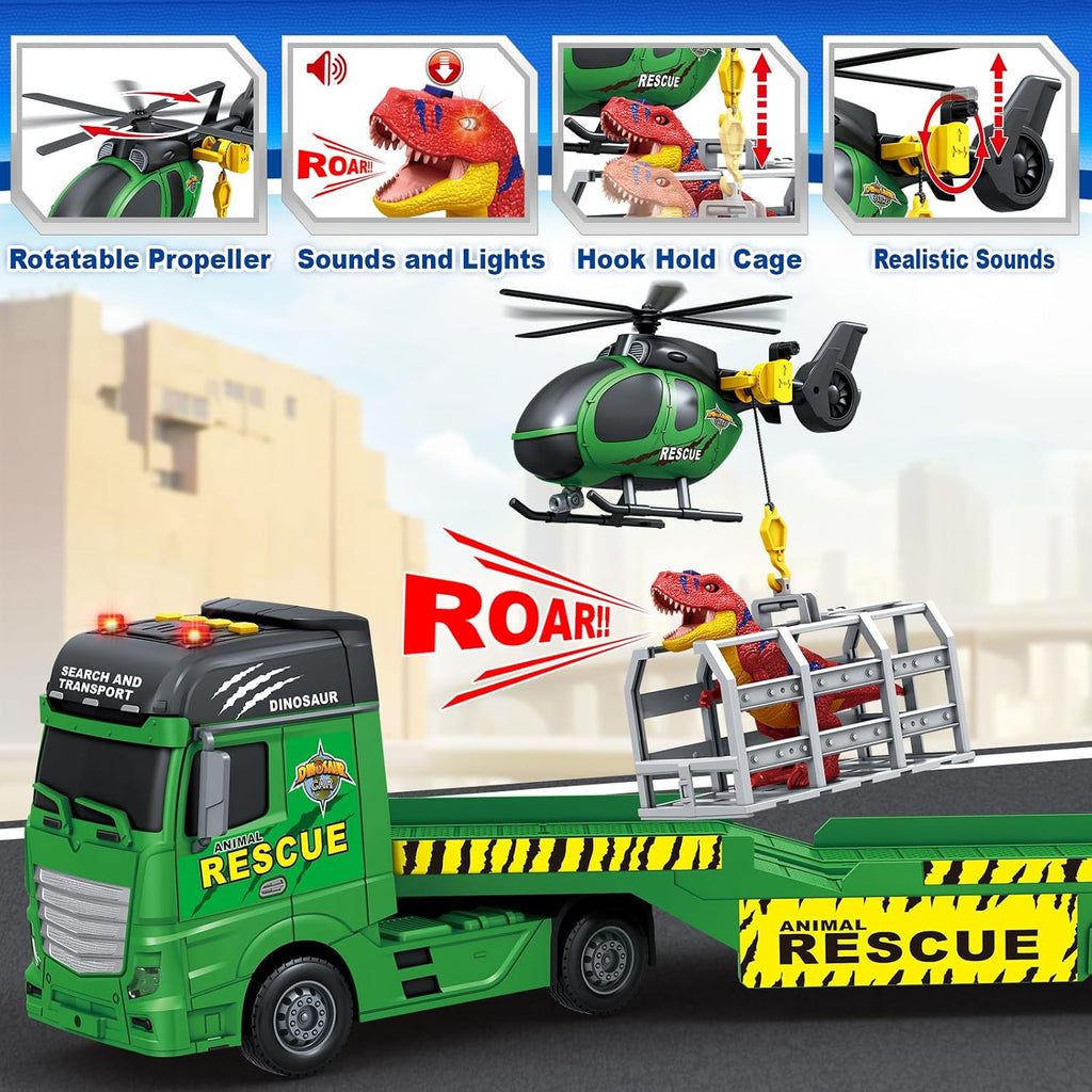 GoxyCraft Transport Truck Toy, 3-in-1 with Helicopter & Dinosaur, Boys 3-7