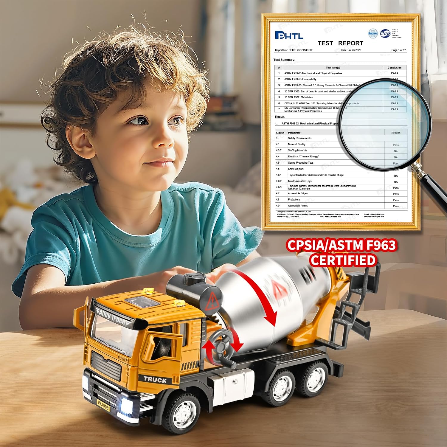 GoxyCraft Cement Mixer Truck, Pull Back Metal Toy Truck with Lights & Sounds