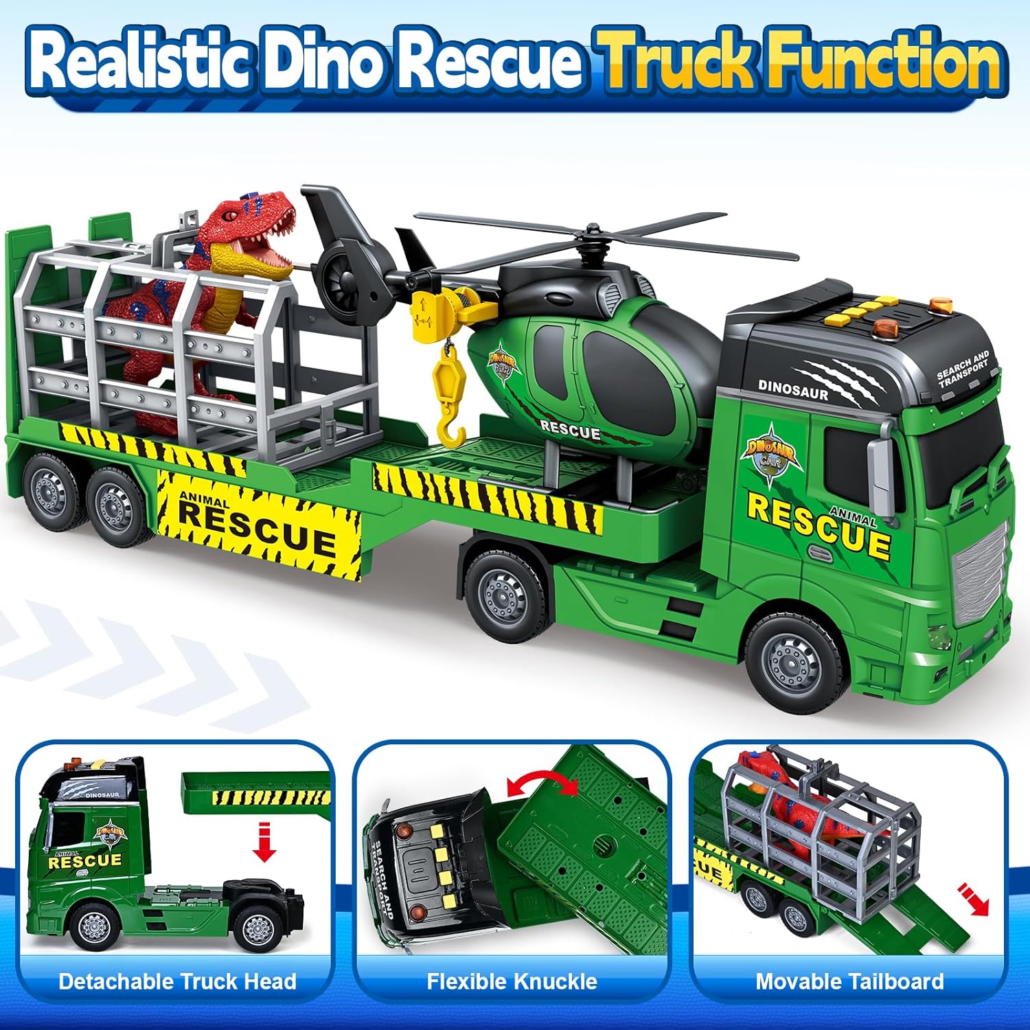GoxyCraft Transport Truck Toy, 3-in-1 with Helicopter & Dinosaur, Boys 3-7
